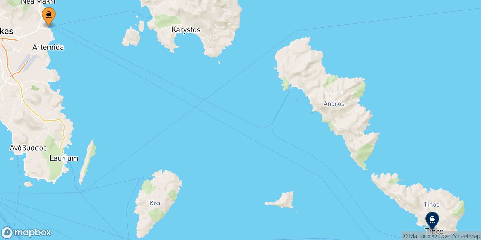 Mapa de la ruta Rafina Tinos