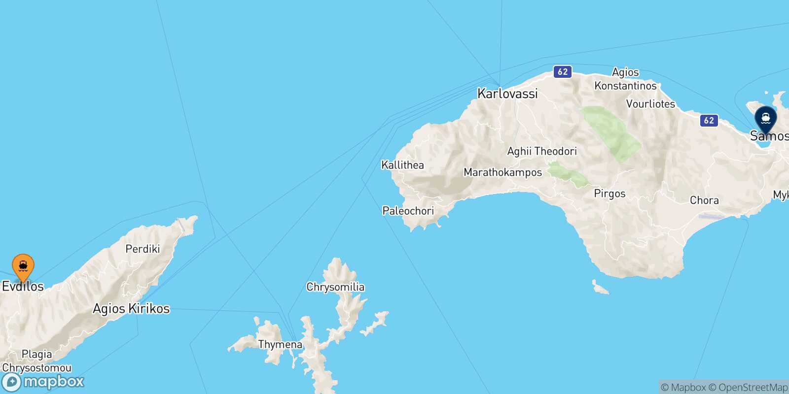Mapa de la ruta Evdilos (Ikaria) Vathi (Samos)